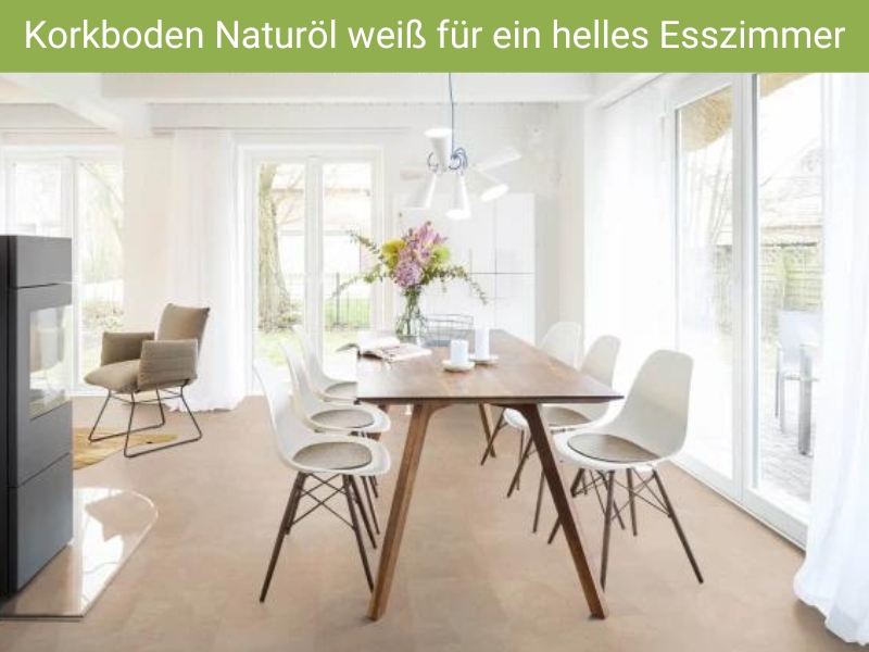 Korkparkett Premium von hebo in Naturöl weiß gibt dem Esszimmer einen luftigen und natürlichen Charme