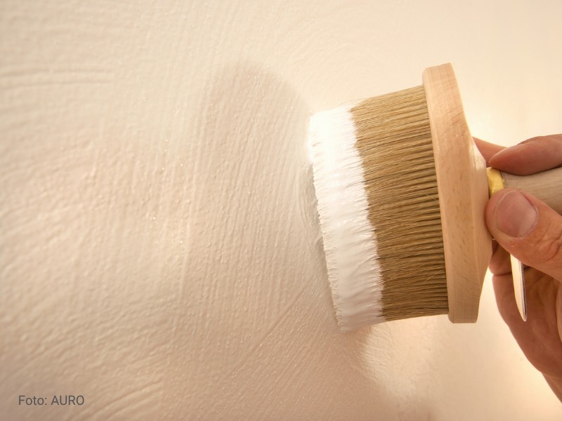 Weiße Auro-Kalkfarbe wird mit einer Bürste auf die Wand aufgetragen