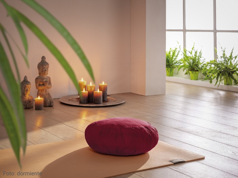 Raum mit Grünpflanzen, Holzboden, einem roten Yoga-Sitzkissen auf einer Yoga-Matte und Kerzen im Hintergrund